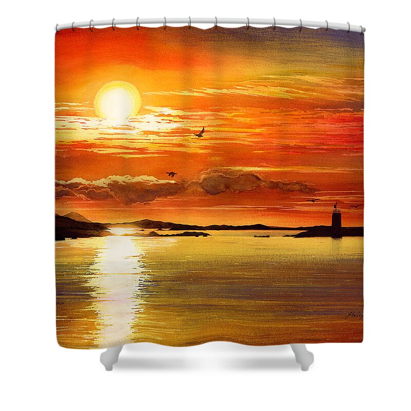 Sunset Shower Curtain featuring the painting Sunset Lake by Hailey E Herrera