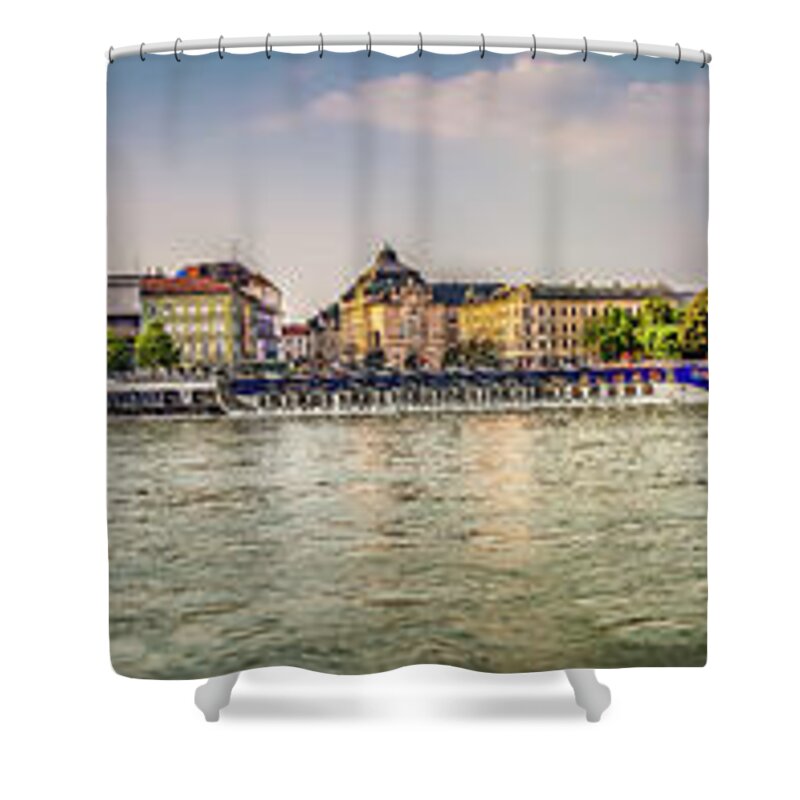 Boats Shower Curtain featuring the photograph sunset over the Danube river #2 by Vivida Photo PC