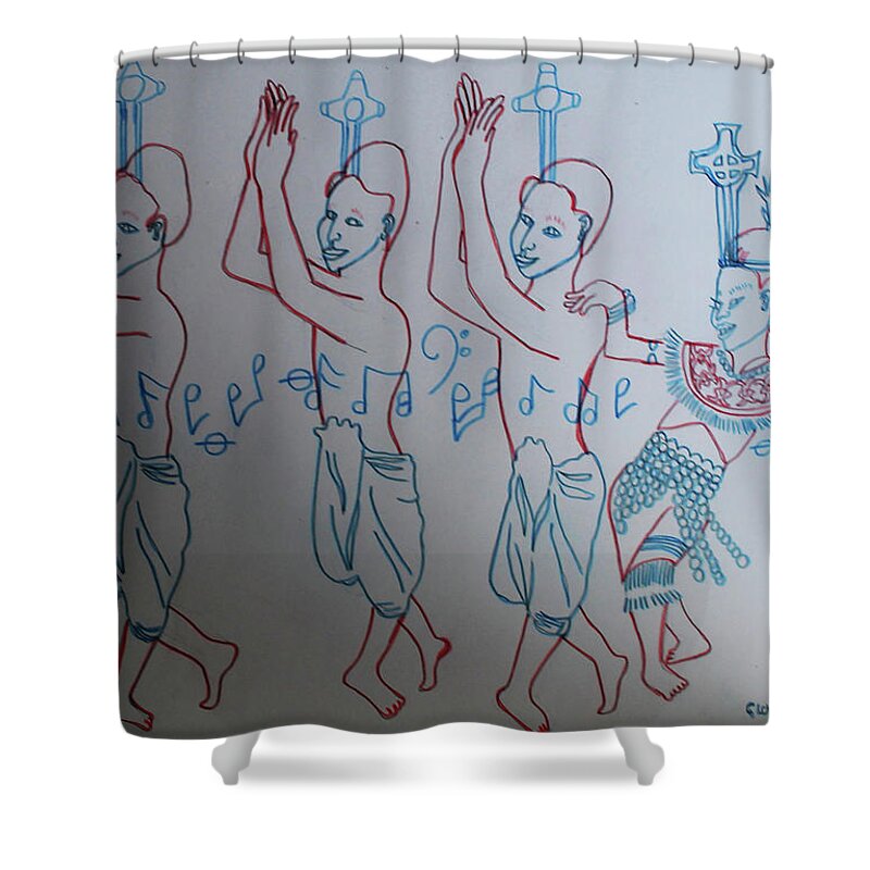 Jesus Christ Shower Curtain featuring the painting The Holy Trinity And Mary Mother of God Lord of The Dance As Sung By Many A Choir Asia #2 by Gloria Ssali
