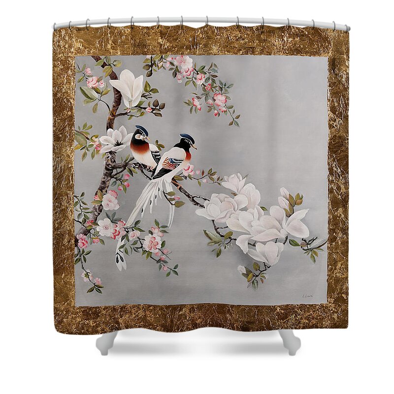 Golden Leaves Shower Curtain featuring the painting Due Uccellini Con Fiori Rosa E Oro by Danka Weitzen