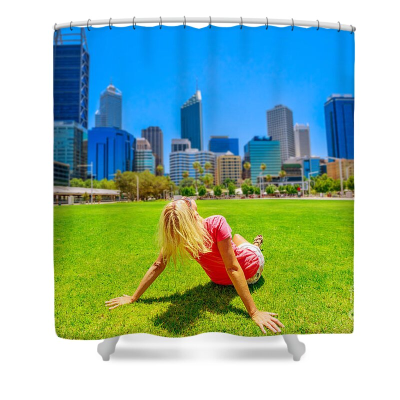 Perth Shower Curtain featuring the photograph Woman looking Perth Skyline #2 by Benny Marty