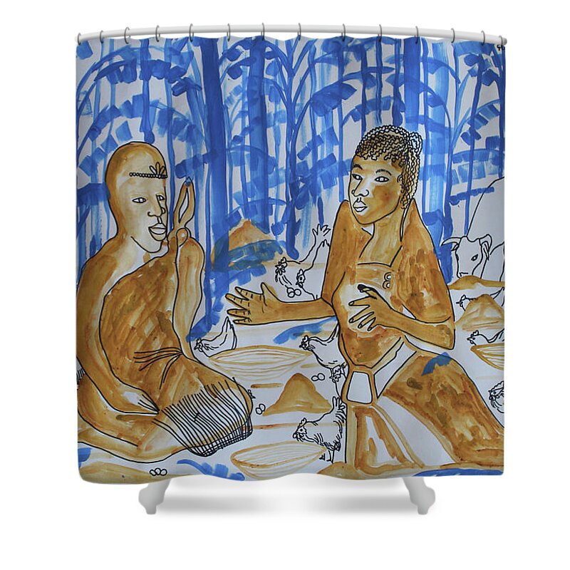 Jesus Shower Curtain featuring the painting Kintu and Nambi Kintus Tasks #21 by Gloria Ssali