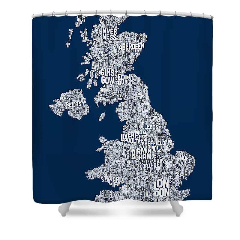 United Kingdom Shower Curtain featuring the digital art Great Britain UK City Text Map by Michael Tompsett