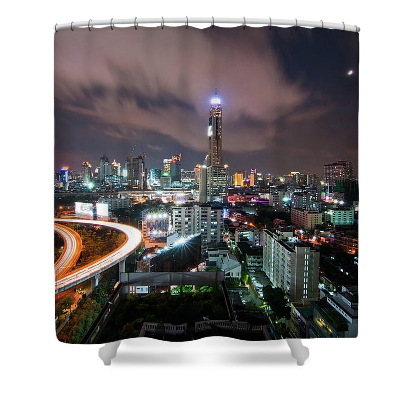Built Structure Shower Curtain featuring the photograph Bangkok City Night View, Thailand #3 by Nutexzles