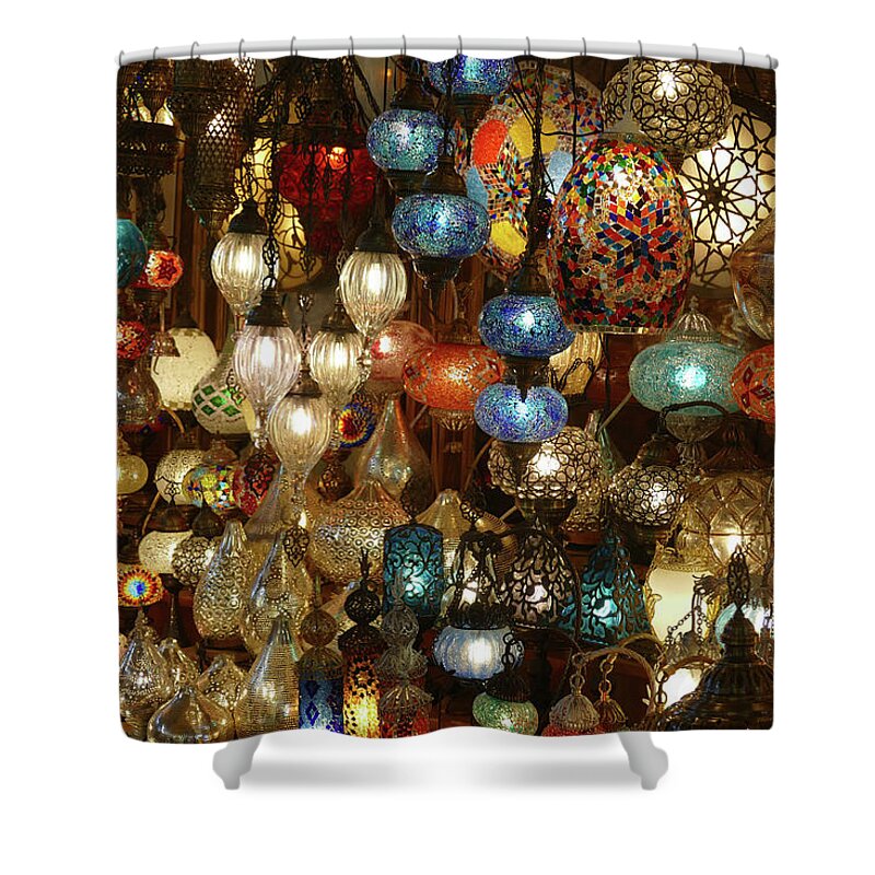 Grand Bazaar Shower Curtain featuring the photograph Exquisite glass lamps and lanterns in the Grand Bazaar #3 by Steve Estvanik