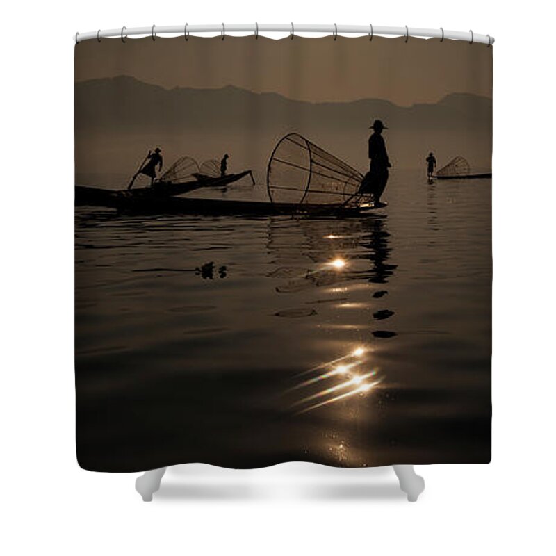 Tranquility Shower Curtain featuring the photograph Fishermen On Inle Lake, Myanmar #3 by Mint Images - Art Wolfe