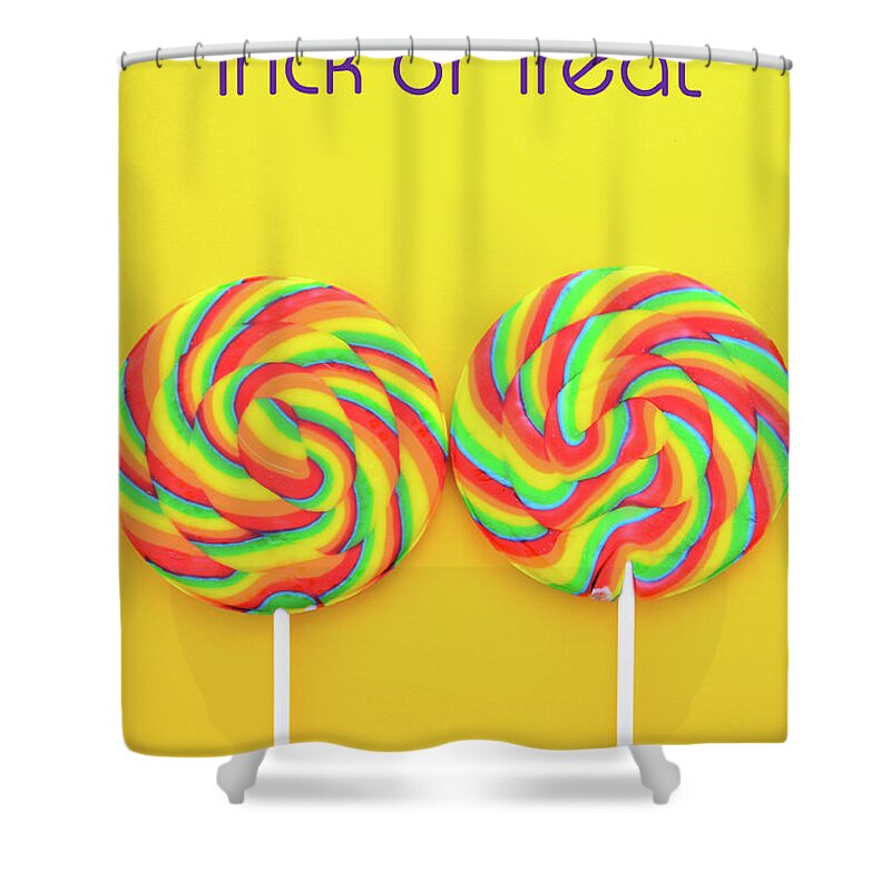 Holiday Shower Curtain featuring the photograph Rainbow lollipop candy on bright yellow wood table. #3 by Milleflore Images