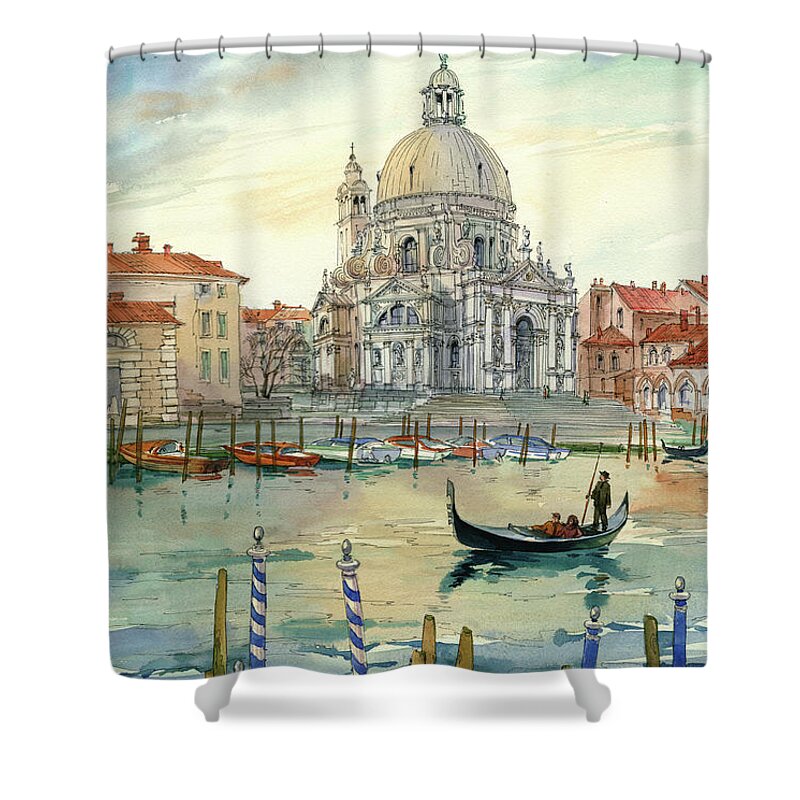 Venetian Scenery; Santa Maria Della Salute; Grand Canal. Venice; Italy; Gondola; Romantic; Vacation; Cityscape; Drawing; Architectural Rendering; Bird's-eye-view; Blue; Yellow; Red; Sky; Water; Watercolor; Painting; Maria Rabinky; Rabinky; Rabinsky; Art Shower Curtain featuring the painting Santa Maria della Salute by Maria Rabinky