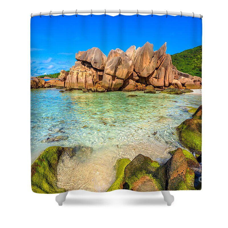 Seychelles Shower Curtain featuring the photograph Swimming Pool La Digue #3 by Benny Marty
