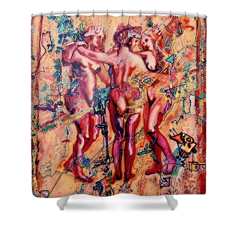 3 Virgins - Rubens Shower Curtain featuring the painting 3 Virgins - Rubens, airbrush 1990 by Pierre Dijk