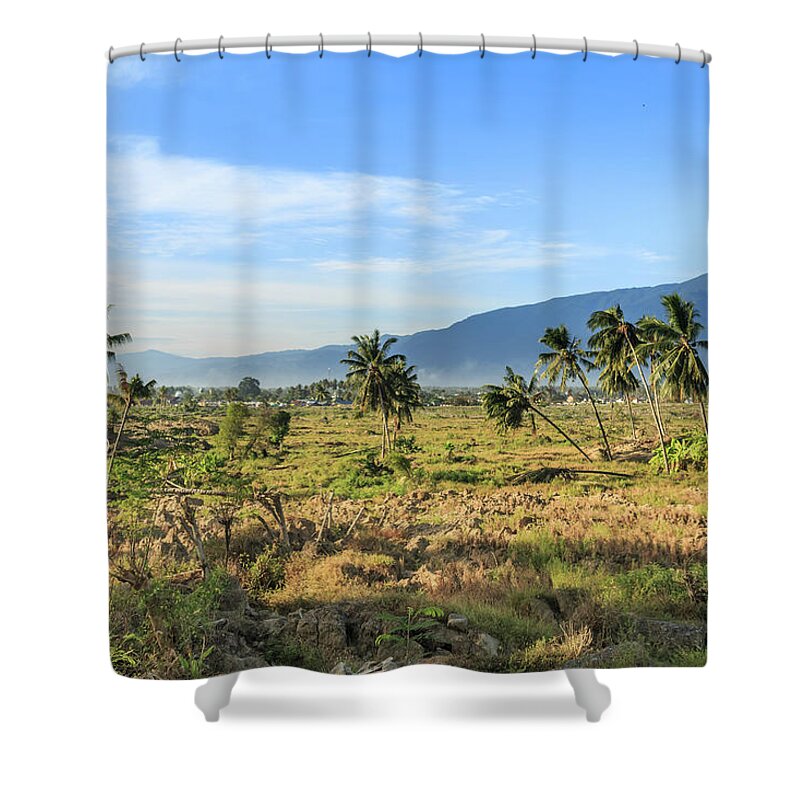 Beautiful Shower Curtain featuring the photograph A sunny morning at the village petobo lost due to liquefaction #34 by Mangge Totok