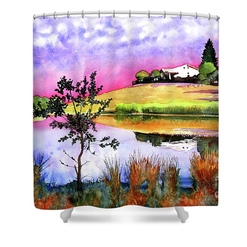 Pond Shower Curtain featuring the painting #351 Sun City Pond #351 by William Lum