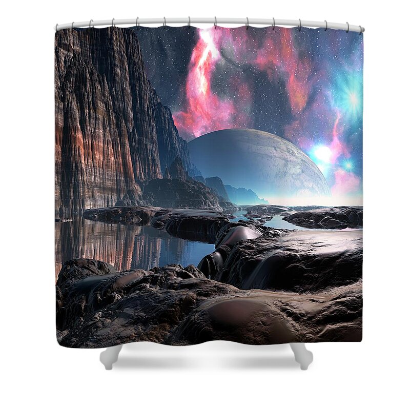 Concepts & Topics Shower Curtain featuring the digital art Alien Planet, Artwork #4 by Mehau Kulyk