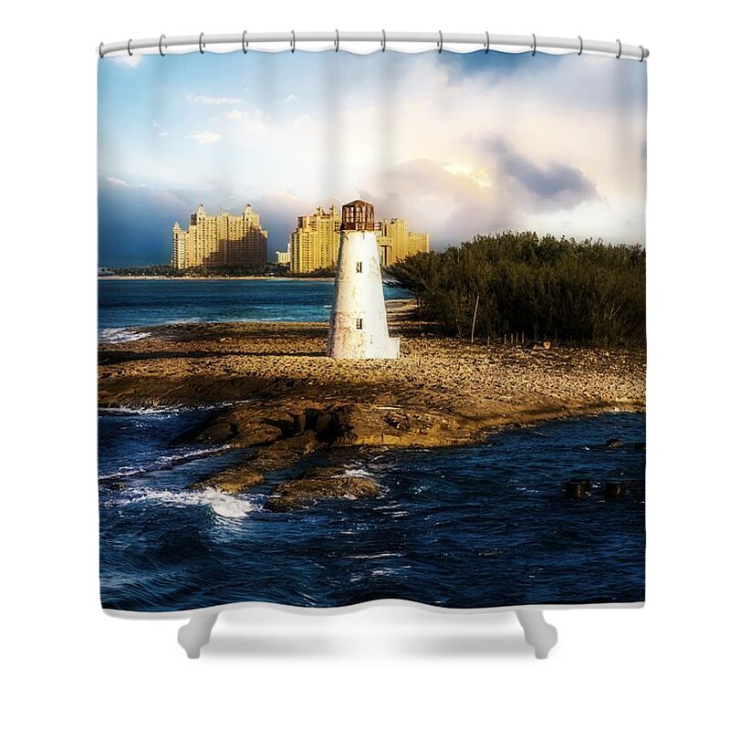 Commercial Building Shower Curtain featuring the photograph Bahamas Lighthouse with Resort #4 by Darryl Brooks