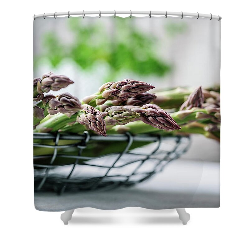 Asparagus Shower Curtain featuring the photograph Fresh Green Asparagus by Nailia Schwarz