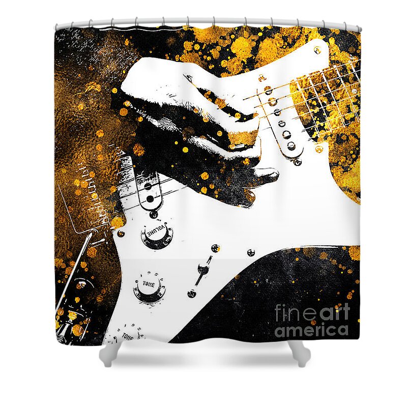 Music Shower Curtain featuring the digital art Guitar music art gold and black #4 by Justyna Jaszke JBJart
