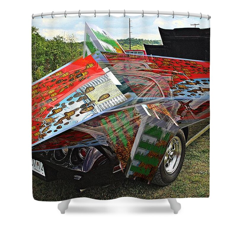 Cars Shower Curtain featuring the digital art Old car with 3D text boxes #4 by Karl Rose