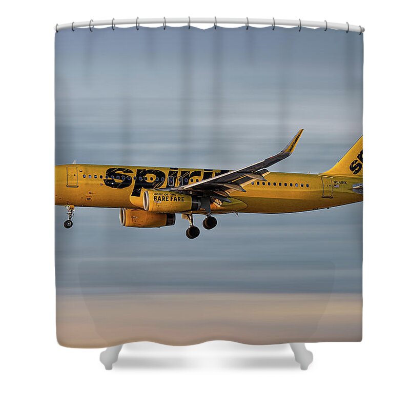 Spirit Airlines Shower Curtain featuring the mixed media Spirit Airlines Airbus A320-232 by Smart Aviation