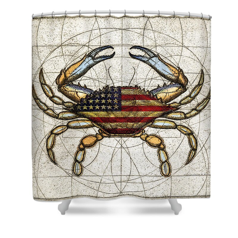 Charles Harden Shower Curtain featuring the mixed media 4th of July Crab by Charles Harden