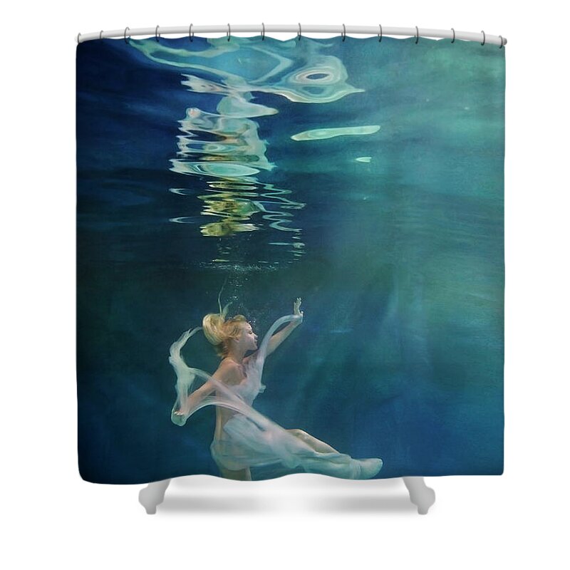 Tranquility Shower Curtain featuring the photograph Caucasian Woman In Dress Swimming Under #5 by Ming H2 Wu