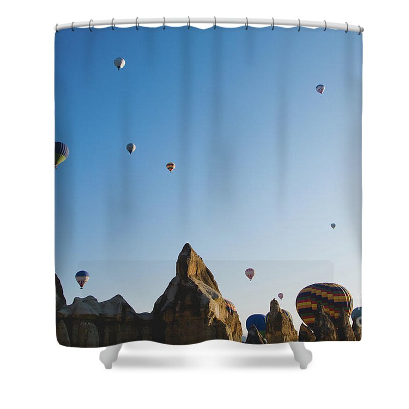 Adventure Shower Curtain featuring the photograph Colorful balloons flying over mountains and with blue sky #5 by Joaquin Corbalan
