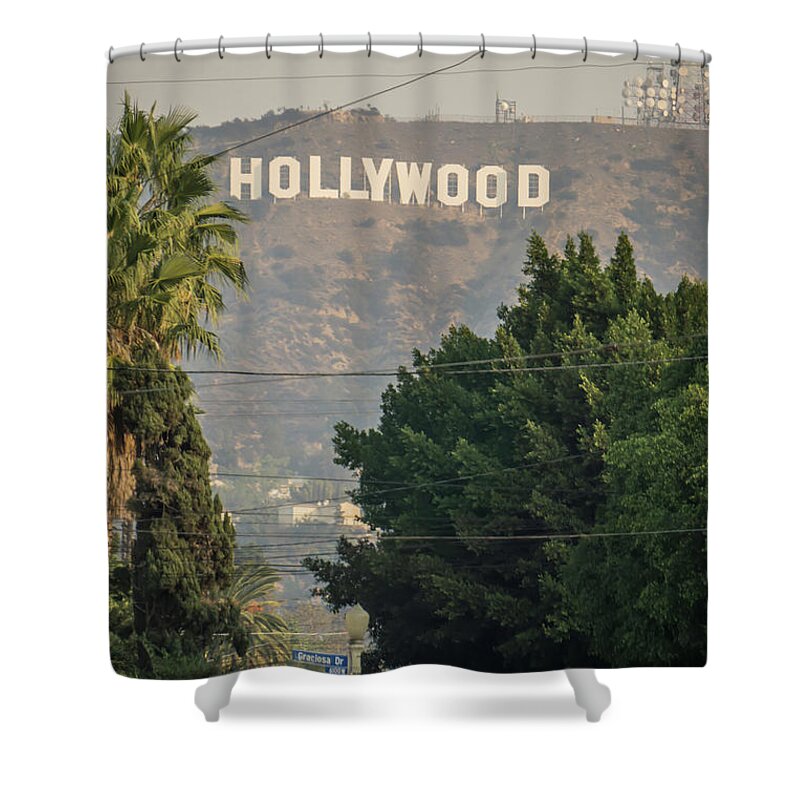 Famous Shower Curtain featuring the photograph Famous Hollywood Sign On A Hill In A Distance #5 by Alex Grichenko