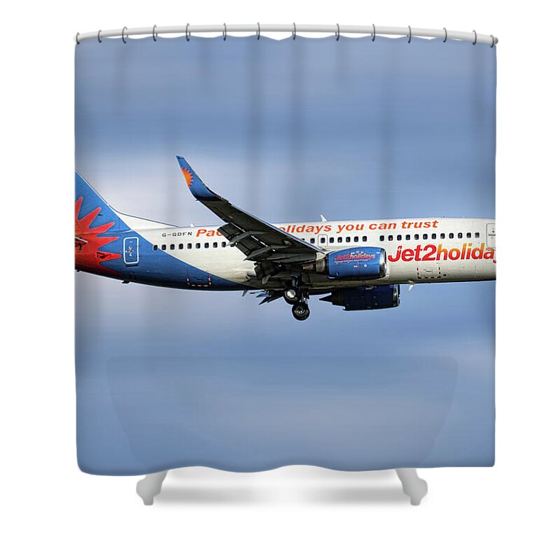 Jet2 Shower Curtain featuring the mixed media Jet2 Boeing 737-33V by Smart Aviation