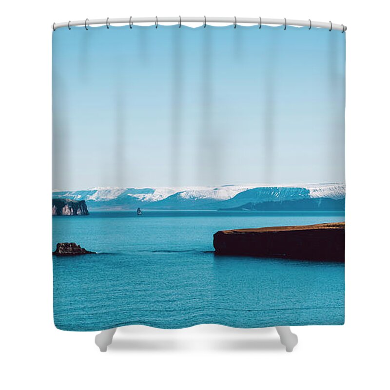 Adventure Shower Curtain featuring the photograph Relaxing landscape to calm down and relieve stress, blue lake with serene and calm waters in the middle of wild nature. #5 by Joaquin Corbalan