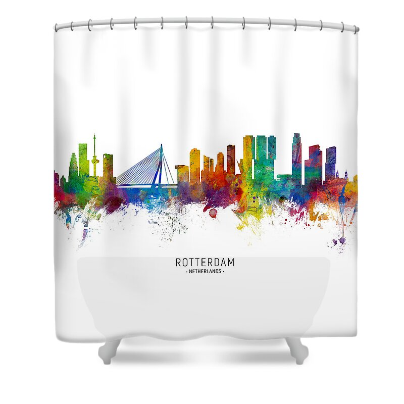 Rotterdam Shower Curtain featuring the digital art Rotterdam The Netherlands Skyline by Michael Tompsett