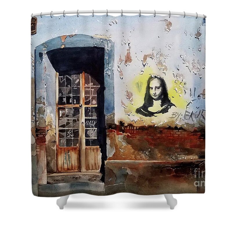 Graffiti Shower Curtain featuring the painting Modern Mona by Lucy Lemay