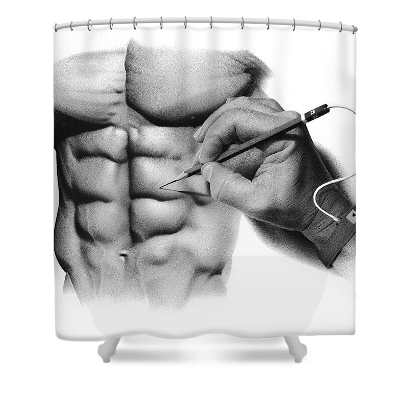 Fitness Tracker Shower Curtain featuring the drawing 6-Pack Tech by Stirring Images