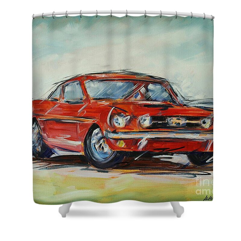 Mustang Shower Curtain featuring the painting 65 Mustang by Alan Metzger