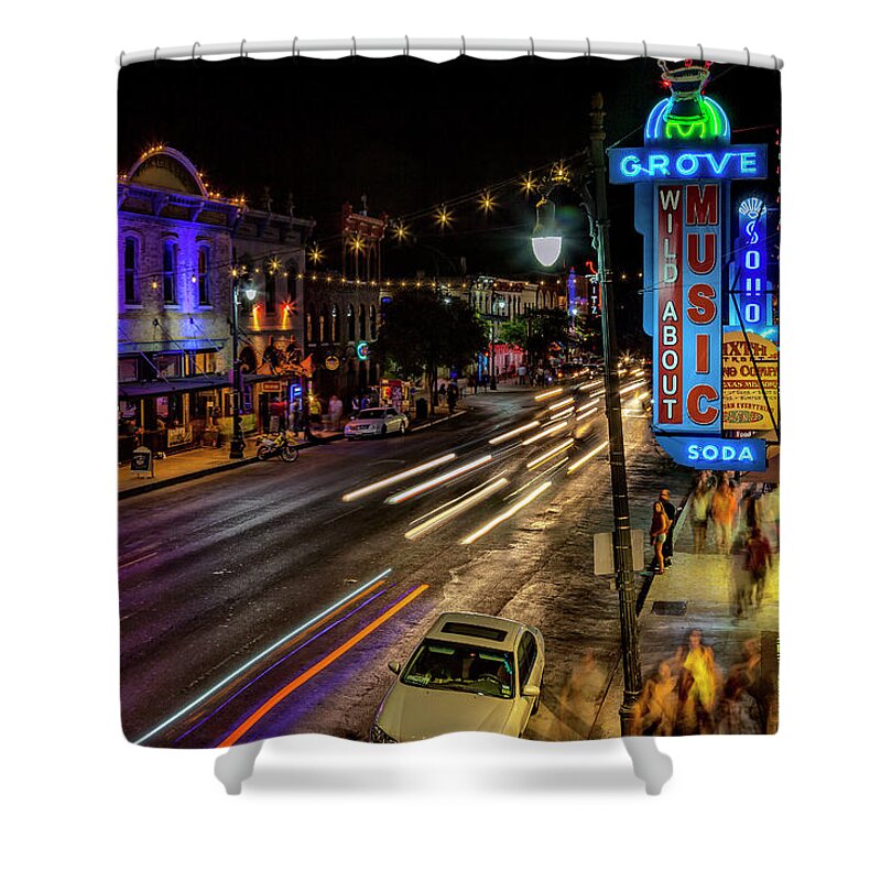 Estock Shower Curtain featuring the digital art 6th Street At Night, Austin, Texas by Milton Photography