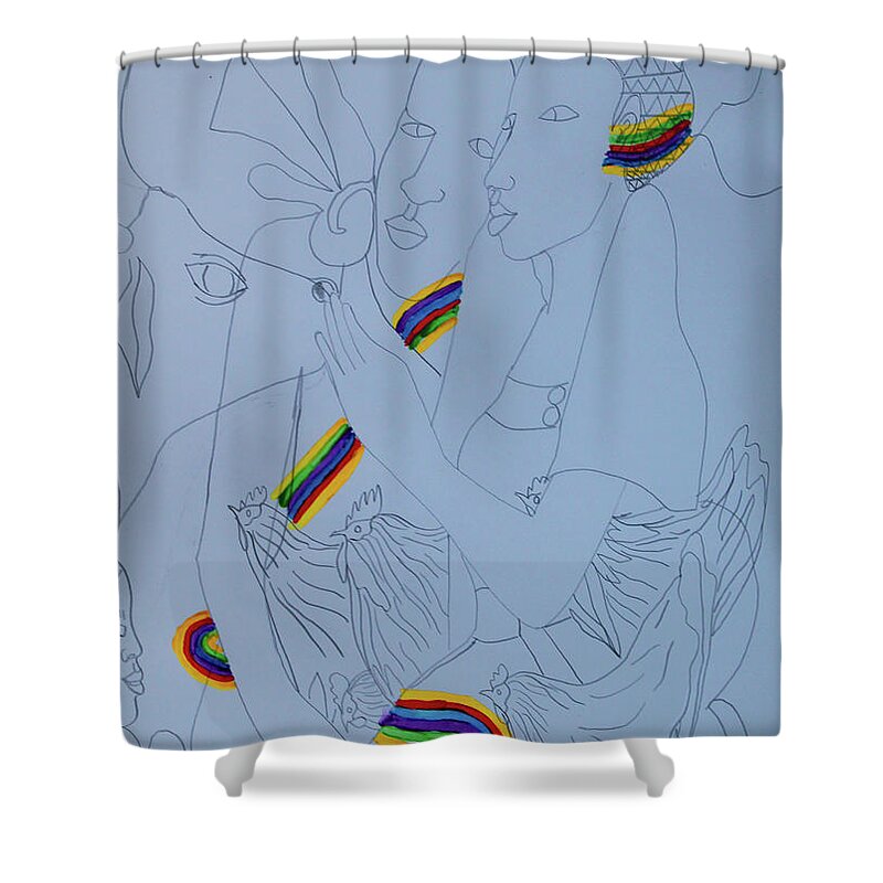 Jesus Shower Curtain featuring the painting Kintu and Nambi Arrival at the Royal Kingdom of Buganda #7 by Gloria Ssali
