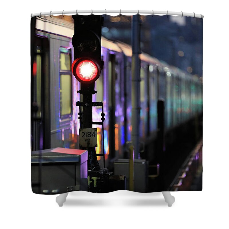 Subway Shower Curtain featuring the photograph 7 NightScape No.3 - Manhattan-bound 7 Train Departs 40th St Station, Queens by Steve Ember