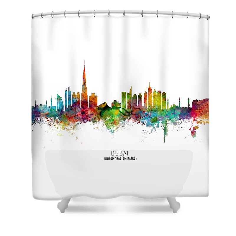 Dubai Shower Curtain featuring the digital art Dubai Skyline #9 by Michael Tompsett