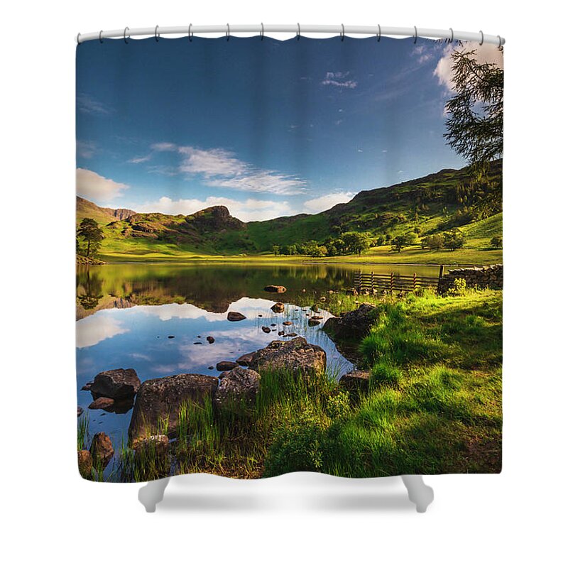 Estock Shower Curtain featuring the digital art United Kingdom, England, Cumbria, Great Britain, Lake District, British Isles, Blea Tarn, Blea Tarn With The Lake District Peaks In The Background On A Sunny Summer Afternoon #9 by Maurizio Rellini