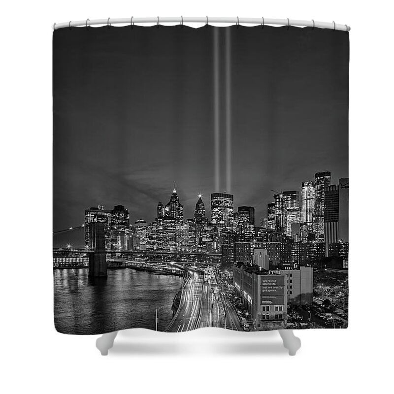 911 Memorial Shower Curtain featuring the photograph 911 Tribute In Light In NYC BW by Susan Candelario