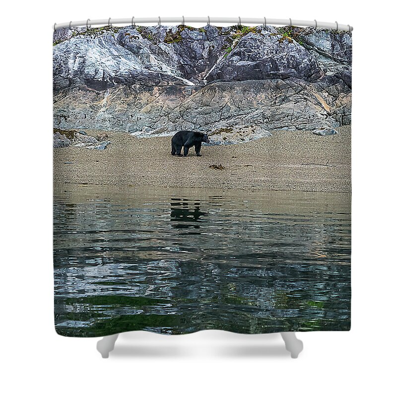 Tofino Shower Curtain featuring the photograph A bear's reflections by Peggy Blackwell