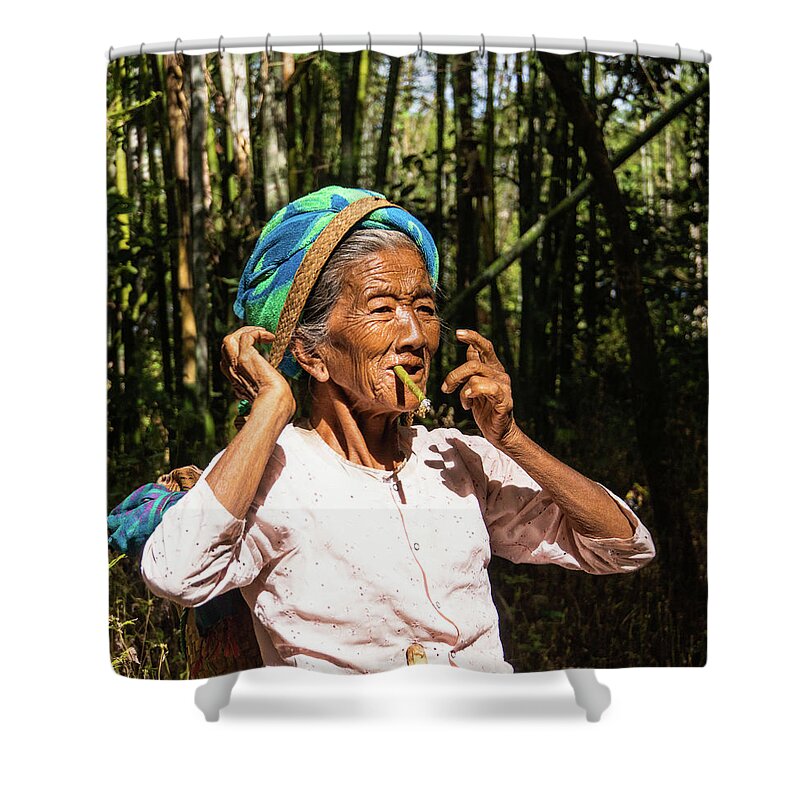 Woman Shower Curtain featuring the photograph a delighted elderly Burmese woman by Ann Moore