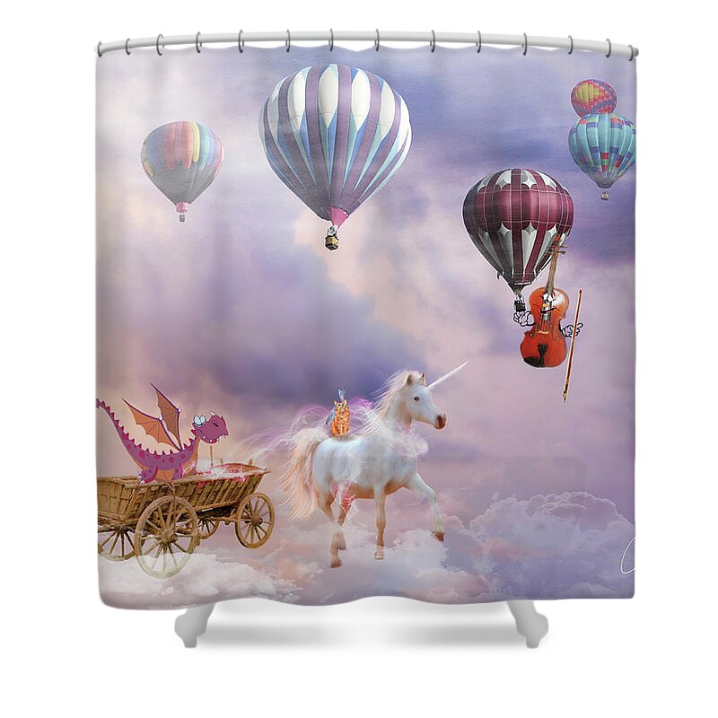 Children's Books Shower Curtain featuring the mixed media A Dragon in a Unicorn Wagon by Colleen Taylor