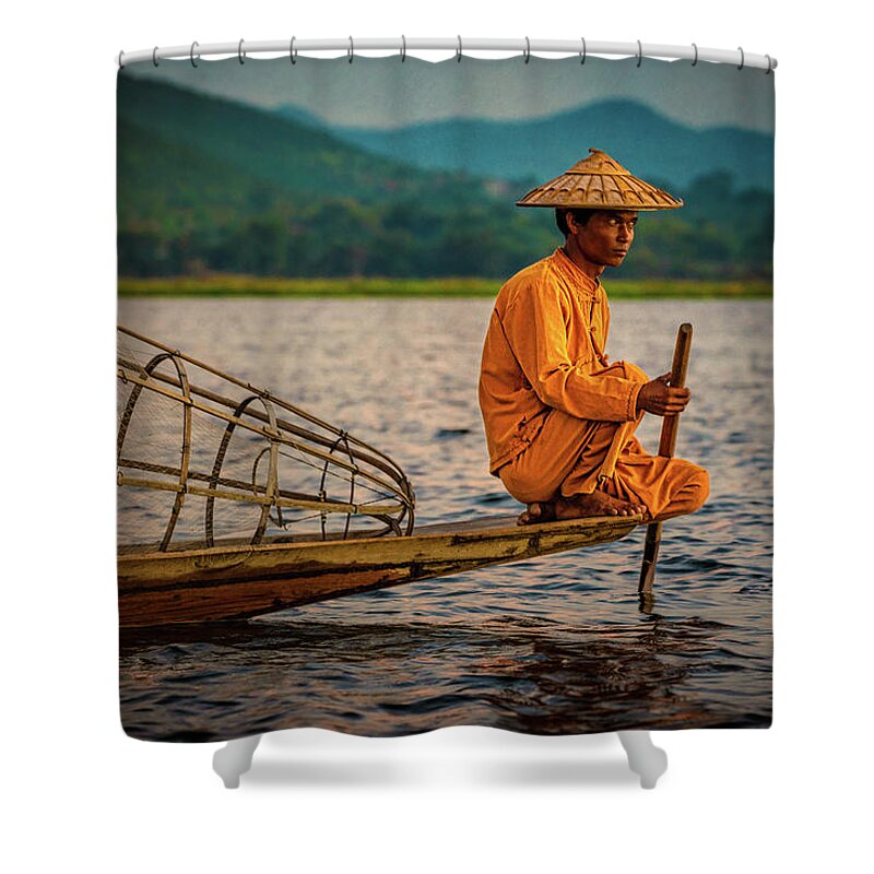 Fisherman Shower Curtain featuring the photograph A Fisherman Of Inle Lake by Chris Lord