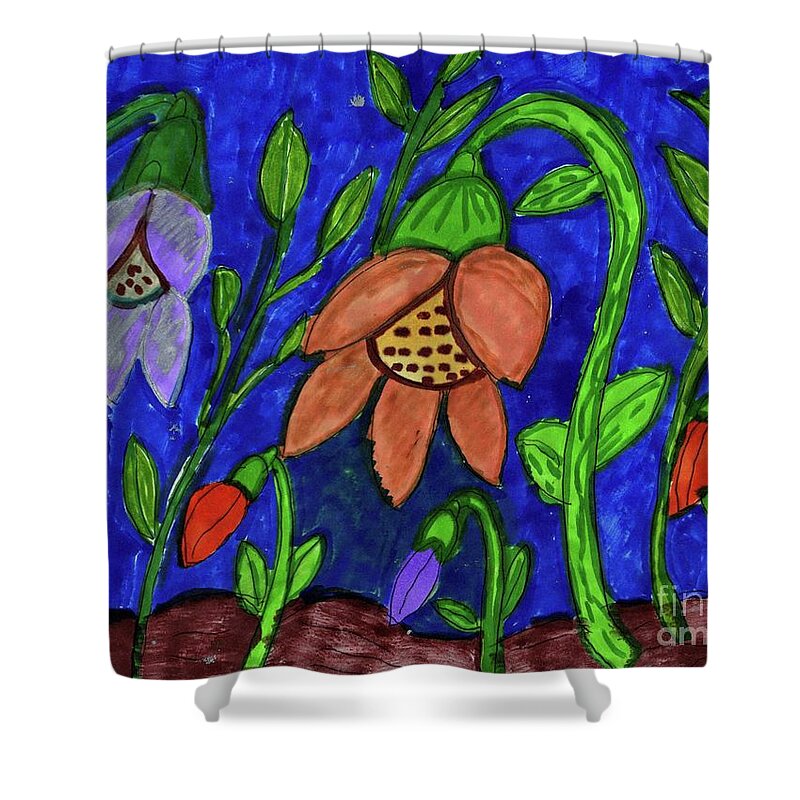 Orange And Lilac Colored Flowers Pink Buds Shower Curtain featuring the mixed media A Flower Garden by Elinor Helen Rakowski