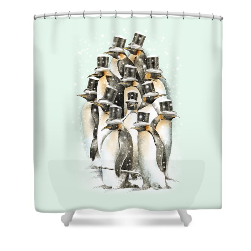 Penguins Shower Curtain featuring the drawing A Gathering in the Snow by Eric Fan