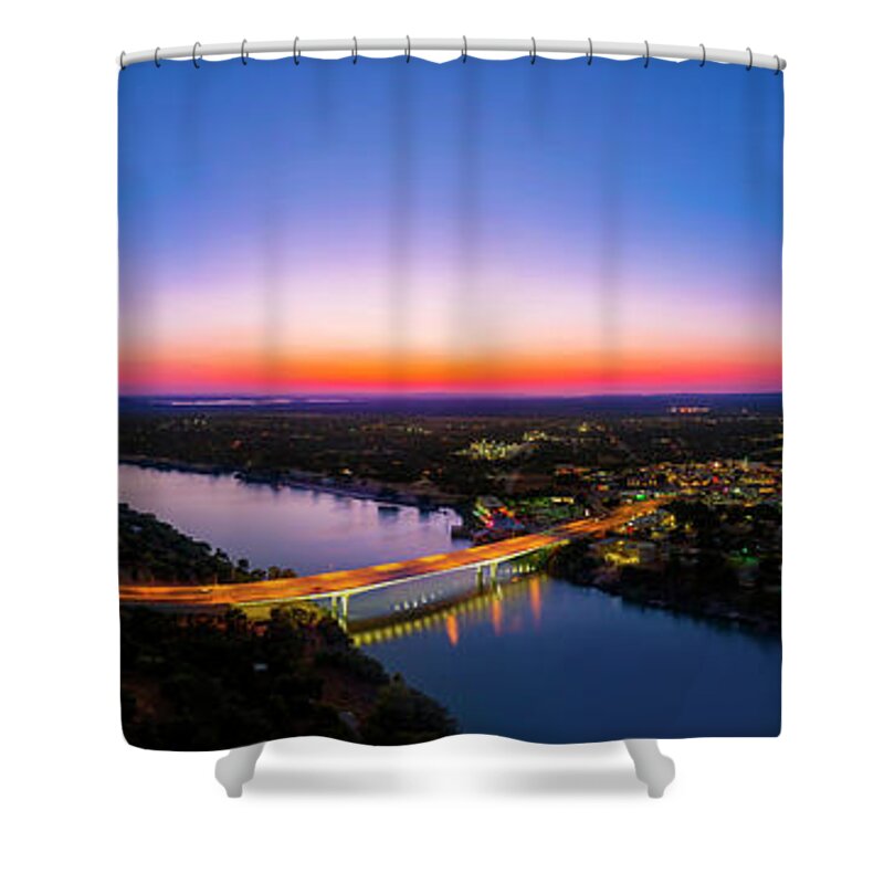 Lake Marble Falls Shower Curtain featuring the photograph A gorgeous sunset falls on the bridge over Lake Marble Falls by Dan Herron