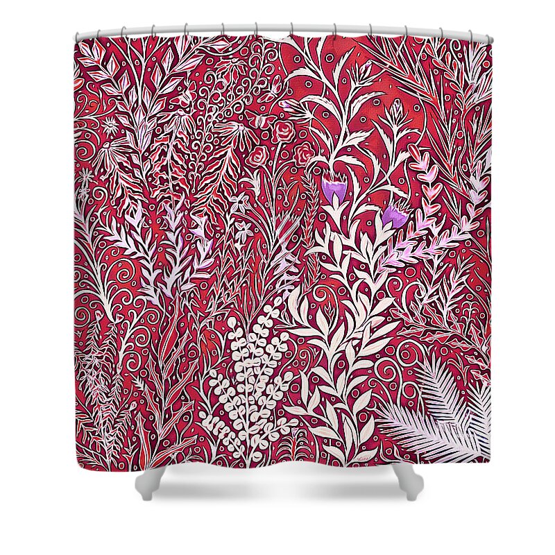 Lise Winne Shower Curtain featuring the painting A Jumble of a Garden in Red and Purple by Lise Winne