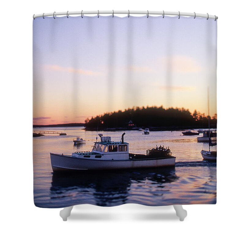 Tranquility Shower Curtain featuring the photograph A Maine Lobster Boat by Wesley Hitt