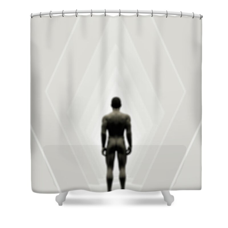 People Shower Curtain featuring the digital art A Naked Man Standing In A Futuristic by Jorg Greuel