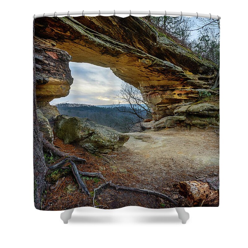 Double Arch Shower Curtain featuring the photograph A Portal Through Time by Michael Scott