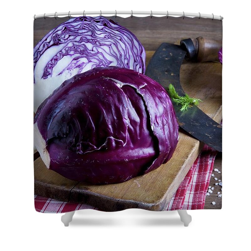 Ip_11149026 Shower Curtain featuring the photograph A Red Cabbage And A Curved Chopping Knife by Blueberrystudio